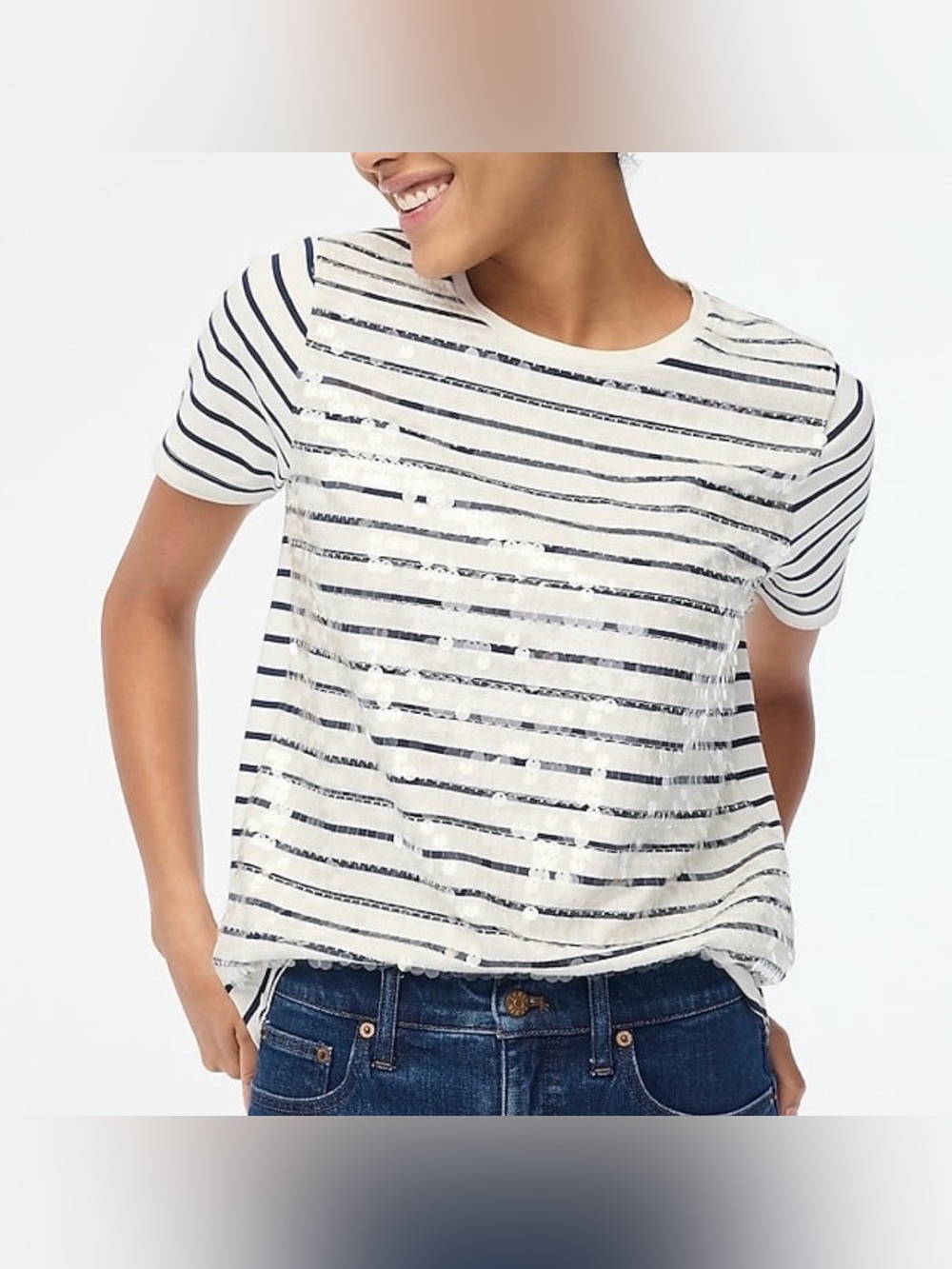 J. Crew Striped Sequin Tee in Ivory & Navy; NWT, Sz. M
